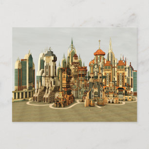 Futuristische Fantasy-Stadt Sci-Fi-Skyline-Kunst Feiertagspostkarte
