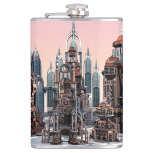 Futuristische Fantasy-Stadt Sci-Fi-Skyline-Kunst Flachmann