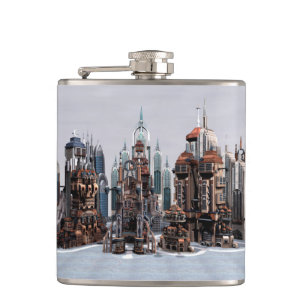 Futuristische Fantasy-Stadt Sci-Fi-Skyline-Kunst Flachmann