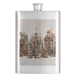 Futuristische Fantasy-Stadt Sci-Fi-Skyline-Kunst Flachmann