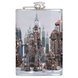 Futuristische Fantasy-Stadt Sci-Fi-Skyline-Kunst Flachmann