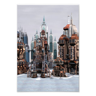 Futuristische Fantasy-Stadt Sci-Fi-Skyline-Kunst Fotodruck