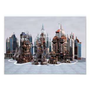 Futuristische Fantasy-Stadt Sci-Fi-Skyline-Kunst Fotodruck