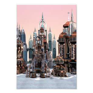 Futuristische Fantasy-Stadt Sci-Fi-Skyline-Kunst Fotodruck