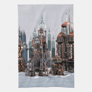 Futuristische Fantasy-Stadt Sci-Fi-Skyline-Kunst Geschirrtuch