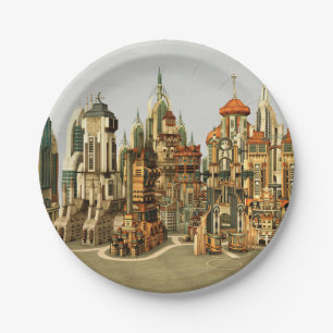 Futuristische Fantasy-Stadt Sci-Fi-Skyline-Kunst Pappteller
