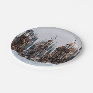 Futuristische Fantasy-Stadt Sci-Fi-Skyline-Kunst Pappteller