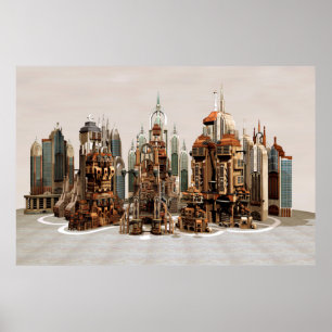 Futuristische Fantasy-Stadt Sci-Fi-Skyline-Kunst Poster