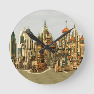Futuristische Fantasy-Stadt Sci-Fi-Skyline-Kunst Runde Wanduhr