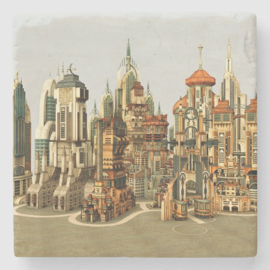 Futuristische Fantasy-Stadt Sci-Fi-Skyline-Kunst Steinuntersetzer (Vorderseite)