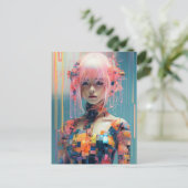 Futuristische Frau mit rosafarbenem Haar Postkarte (Stehend Vorderseite)