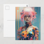 Futuristische Frau mit rosafarbenem Haar Postkarte (Vorne/Hinten)