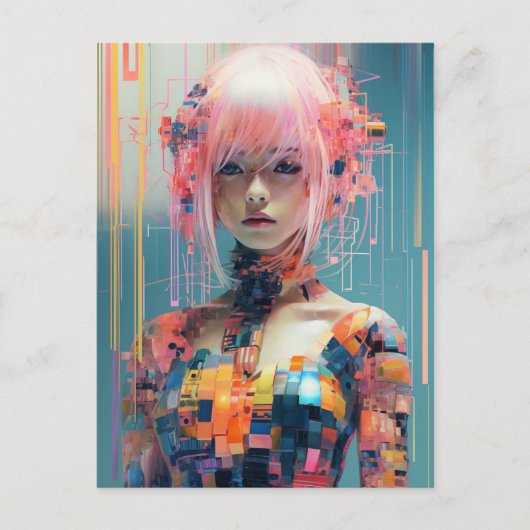 Futuristische Frau mit rosafarbenem Haar Postkarte (Vorderseite)