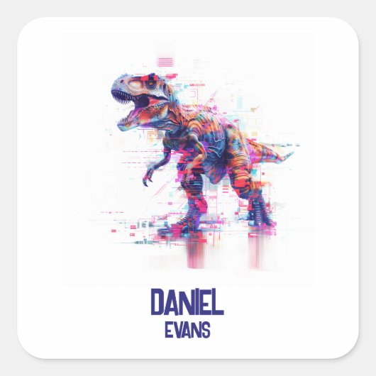 Futuristische Glitch T-Rex Dinosaurier mit Kindern Quadratischer Aufkleber (Vorderseite)