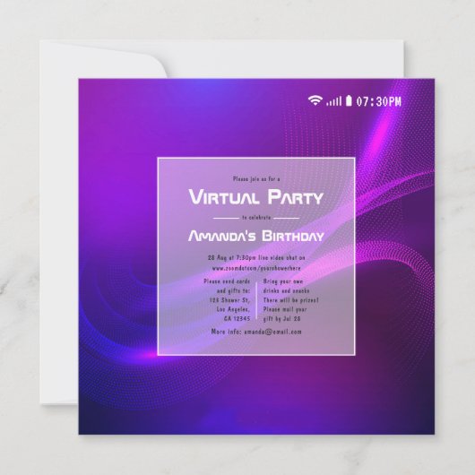 Futuristische Glow Virtual Birthday Party Einladung (Vorderseite)