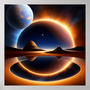 Futuristische Landschaft mit Planeten und Ringen Poster