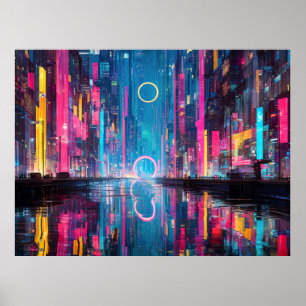 Futuristische lebendige Neon-Nacht-Stadtansicht Poster