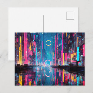 Futuristische lebendige Neon-Nacht-Stadtansicht Postkarte