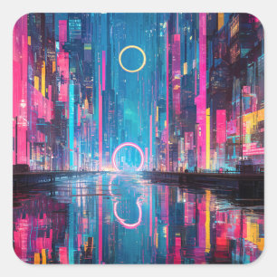 Futuristische lebendige Neon-Nacht-Stadtansicht Quadratischer Aufkleber