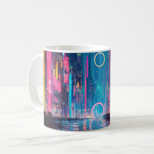Futuristische lebendige Neon-Nacht-Stadtlandschaft Kaffeetasse