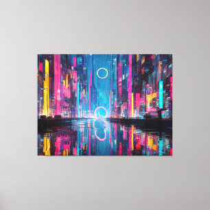 Futuristische lebendige Neon-Nacht-Stadtlandschaft Leinwanddruck