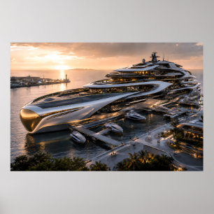 Futuristische Luxus-Megayacht Marina Sonnenunterga Poster