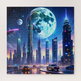 Futuristische Neon City mit Flying Cars und Sky Puzzle
