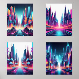 Futuristische Neon Cityscape Art Prints Bilderwand Sets
