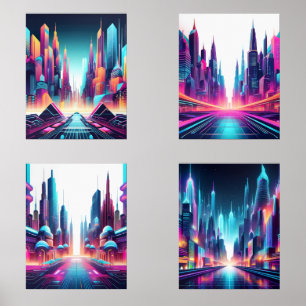 Futuristische Neon Cityscape Art Prints Bilderwand Sets