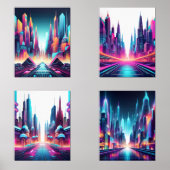 Futuristische Neon Cityscape Art Prints Bilderwand Sets (Vorderseite)