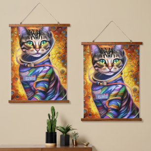 Futuristische Neonkatze Wandteppich Mit Holzrahmen