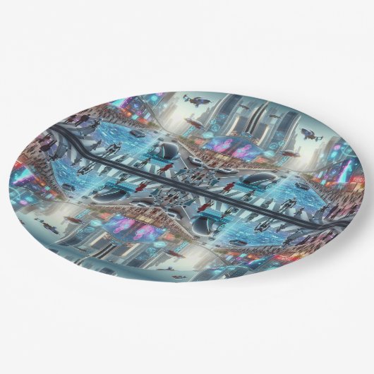 Futuristische Papiertafel Pappteller (Schrägansicht)