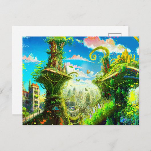 Futuristische Pflanze Stadt, künstlerische KI Postkarte (Vorne/Hinten)