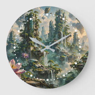 Futuristische postapokalyptische Stadt mit urbaner Große Wanduhr