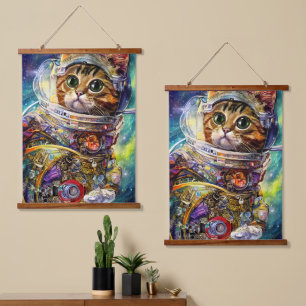 Futuristische Raumkatze Wandteppich Mit Holzrahmen