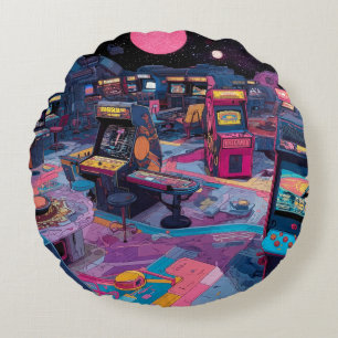 Futuristische Retro-Arcade im Weltraum Rundes Kissen