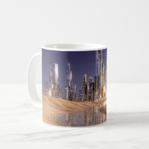 Futuristische Sci-Fi-Stadt, gespiegelt in Wüstensa Kaffeetasse