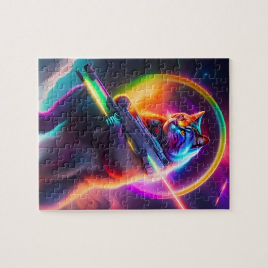 Futuristische Sci-Fi Warrior Neon Cat mit Laser. K Puzzle (Horizontal)