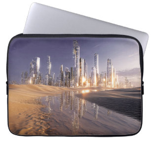 Futuristische Science-Fiction-Stadt, gespiegelt in Laptopschutzhülle