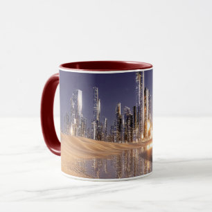 Futuristische Science-Fiction-Stadt, gespiegelt in Tasse