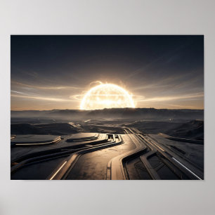 Futuristische Solarenergie-Landschaft bei Dämmerun Poster