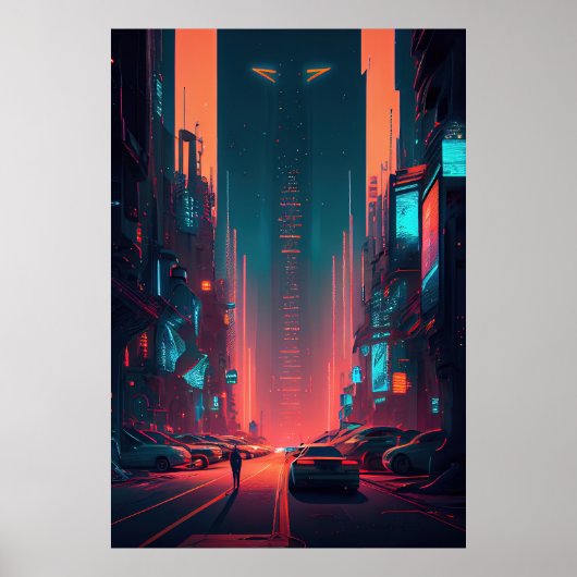Futuristische Stadt - Cyberpunk - Neon - Illustrat Poster (Vorne)