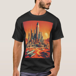 Futuristische Stadt in warmen Reds und Cool blauem T-Shirt