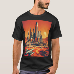 Futuristische Stadt in warmen Reds und Cool blauem T-Shirt