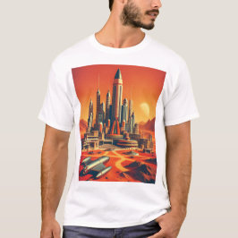 Futuristische Stadt in warmen Reds und Cool blauem T-Shirt
