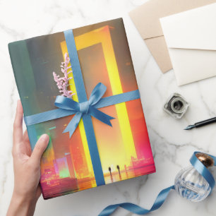 Futuristische Stadt mit strahlendem Neonenportal Geschenkpapier