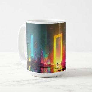 Futuristische Stadt mit strahlendem Neonportal Kaffeetasse