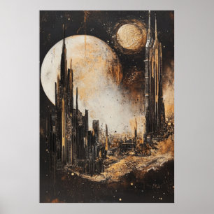 Futuristische Stadt unter zwei Monden – Kunstdruck Poster