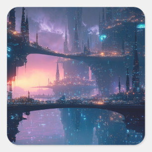 Futuristische Stadtlandschaft bei Dämmerung Quadratischer Aufkleber