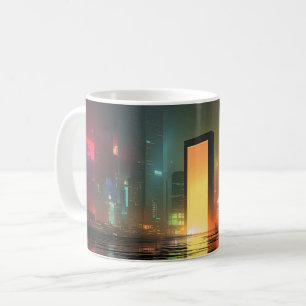 Futuristische Stadtlandschaft mit Neonreflexionen Kaffeetasse